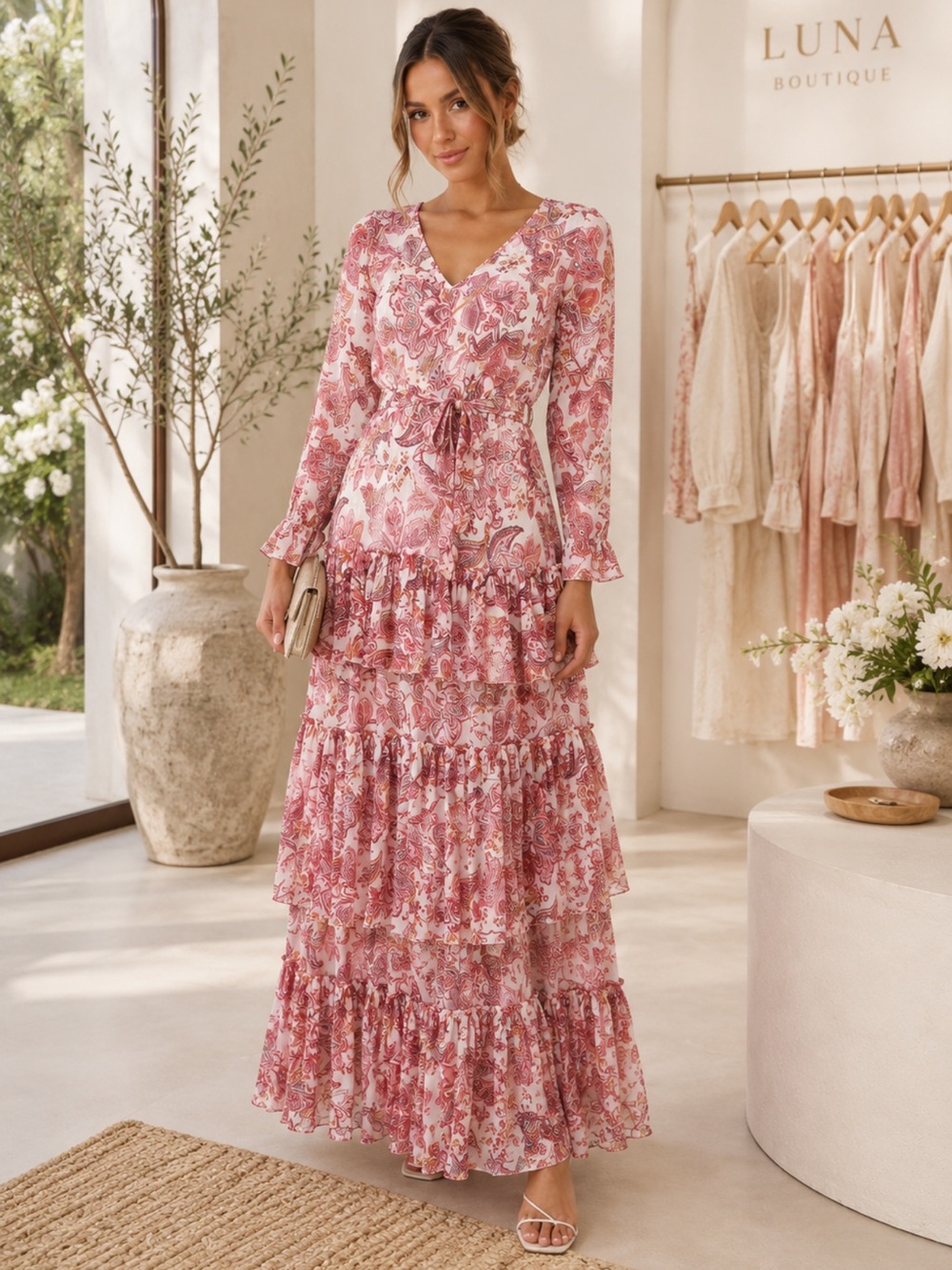 Boohoo Pink Floral Tiered Maxi Dress Size 8 NWT | Long Sleeve Boho Romantic Ruff